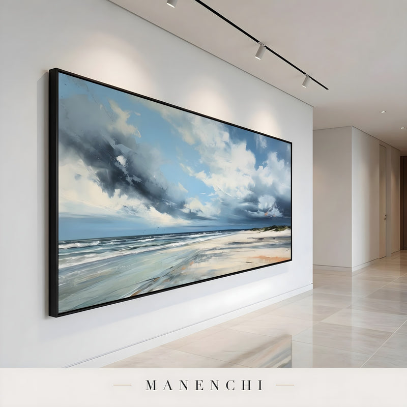 Coastal Tempest Horizon abstract painting displayed in hallway art gallery view