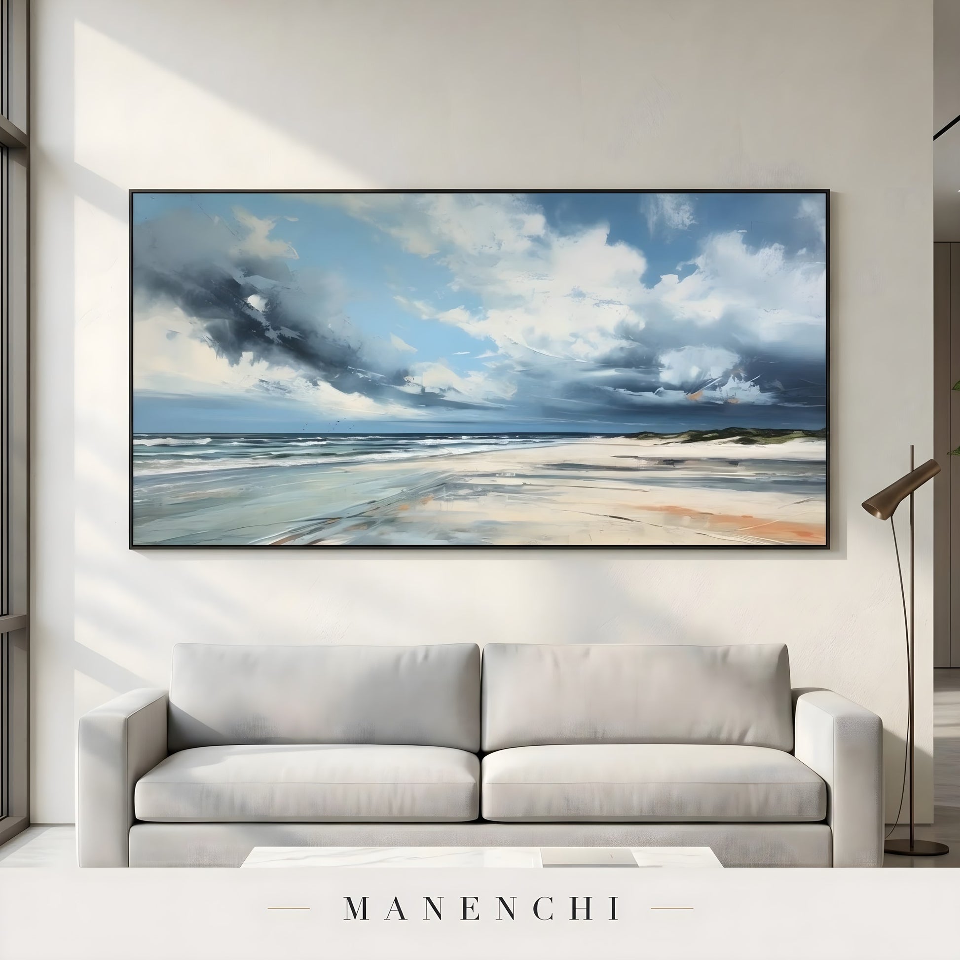 Coastal Tempest Horizon abstract painting displayed in living room sofa display
