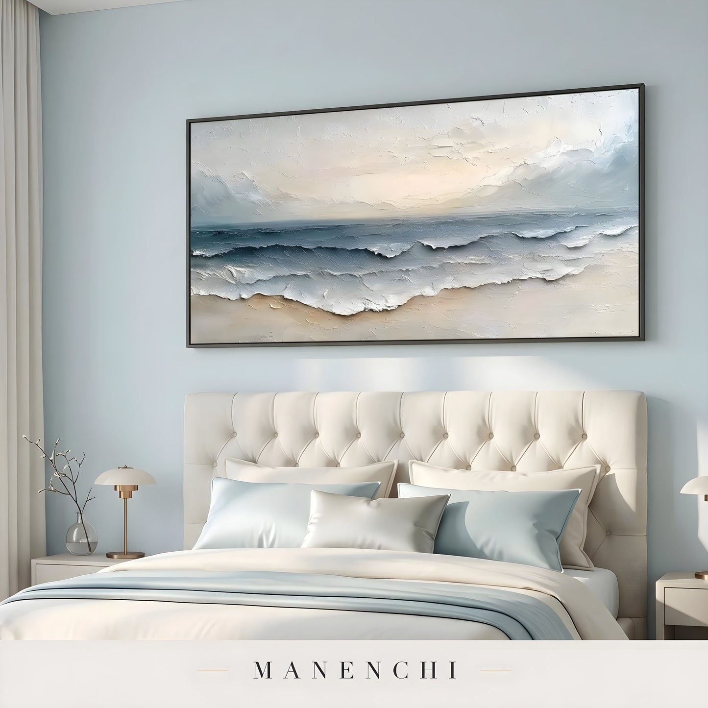 Coastal Tonal Impression abstract painting displayed in bedroom above headboard