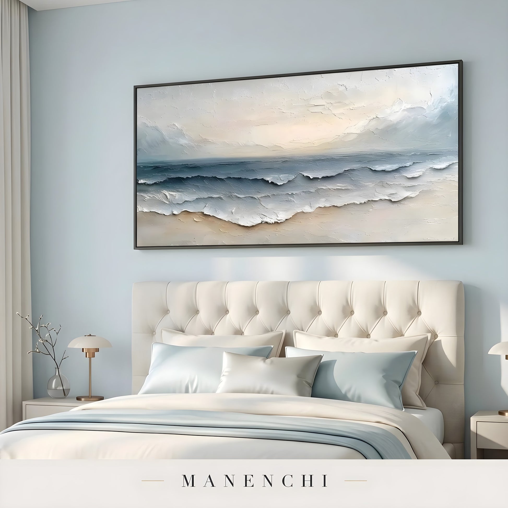 Coastal Tonal Impression abstract painting displayed in bedroom above headboard