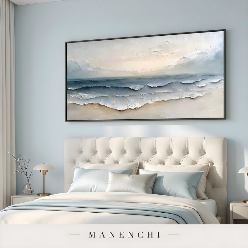 Coastal Tonal Impression abstract painting displayed in bedroom above headboard