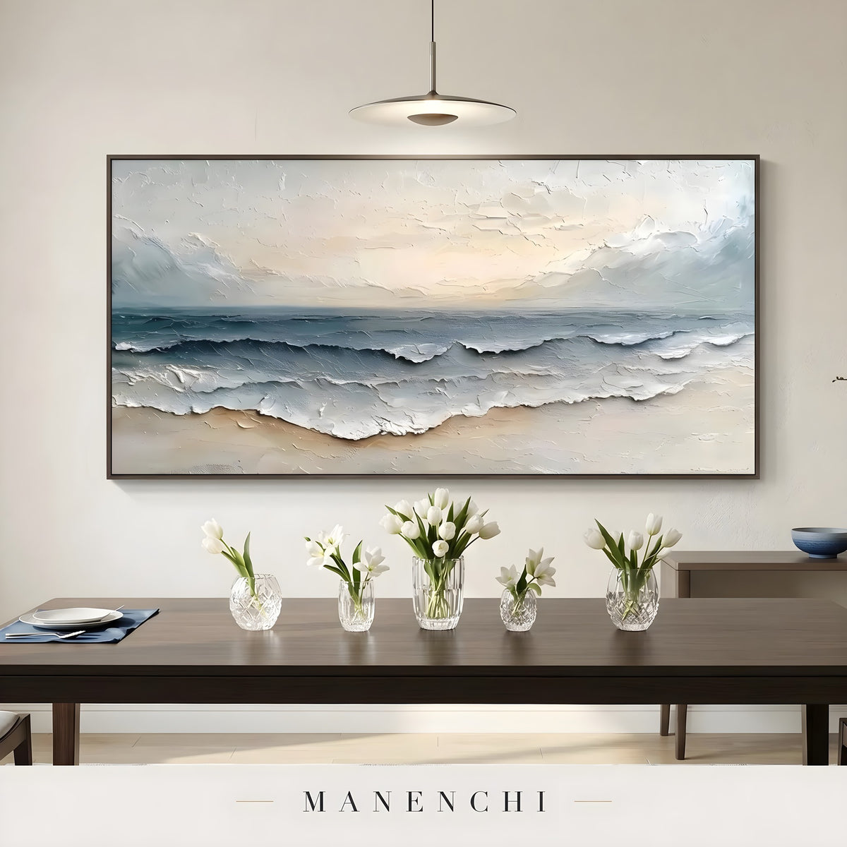Coastal Tonal Impression abstract painting displayed in dining room interior