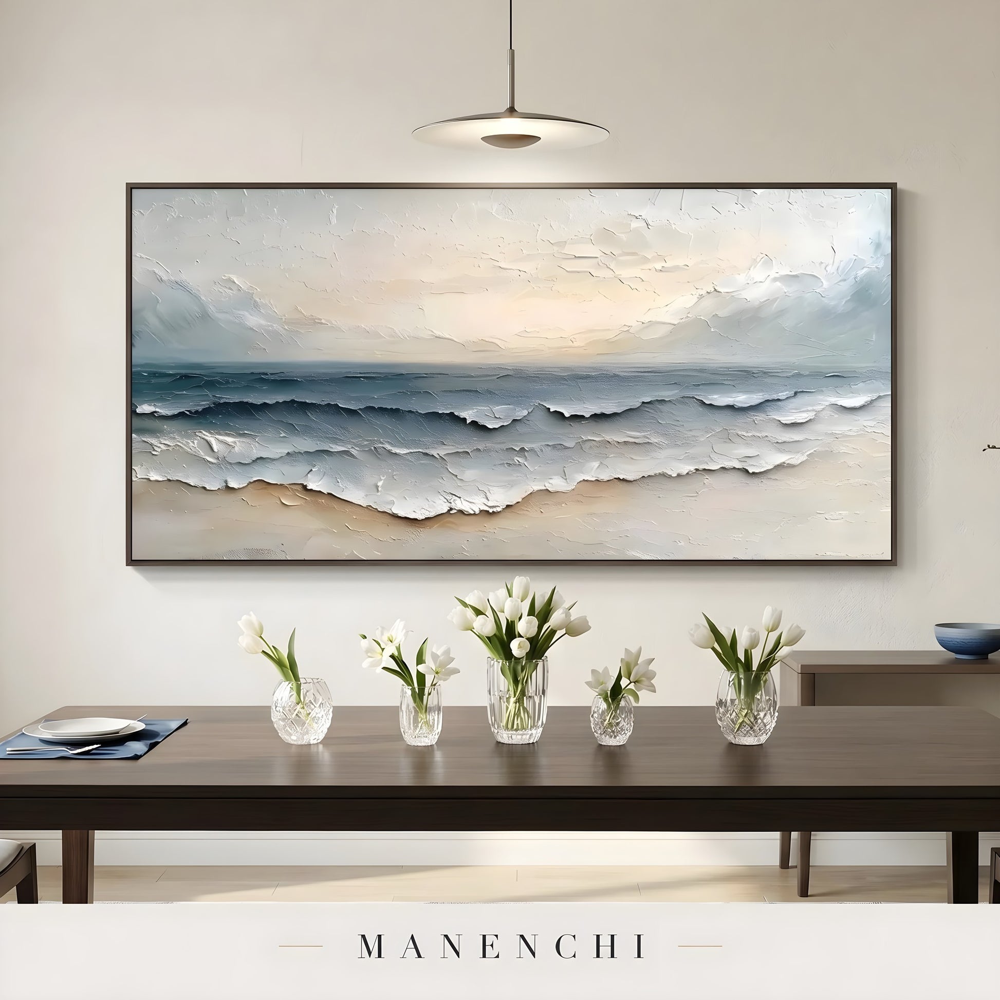 Coastal Tonal Impression abstract painting displayed in dining room interior