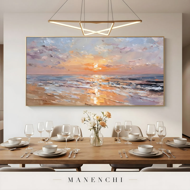 Coastal Twilight Glow abstract painting displayed in dining room setting
