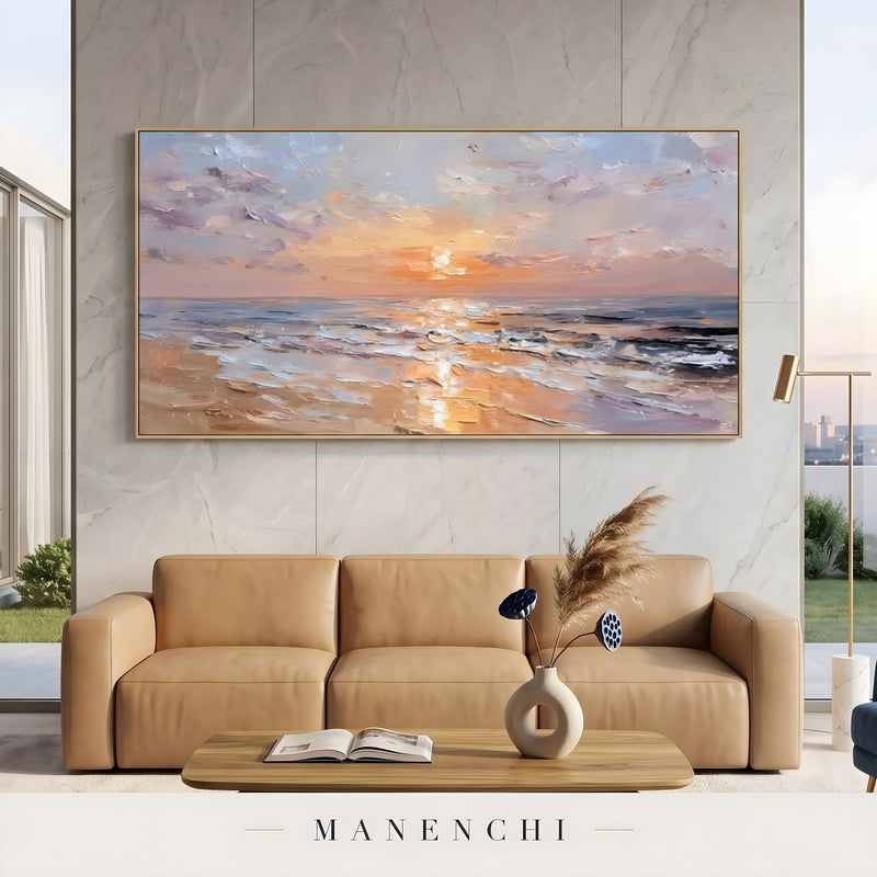 Coastal Twilight Glow abstract painting displayed in living room sofa view