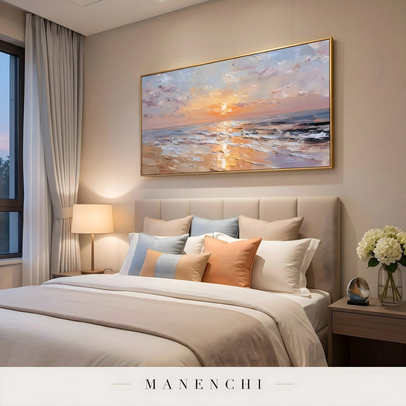 Coastal Twilight Glow abstract painting displayed in master bedroom interior view
