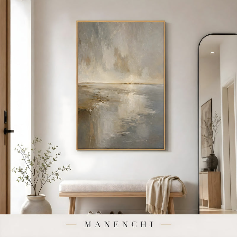 Coastal Twilight Stillness abstract painting displayed in entryway wall decor