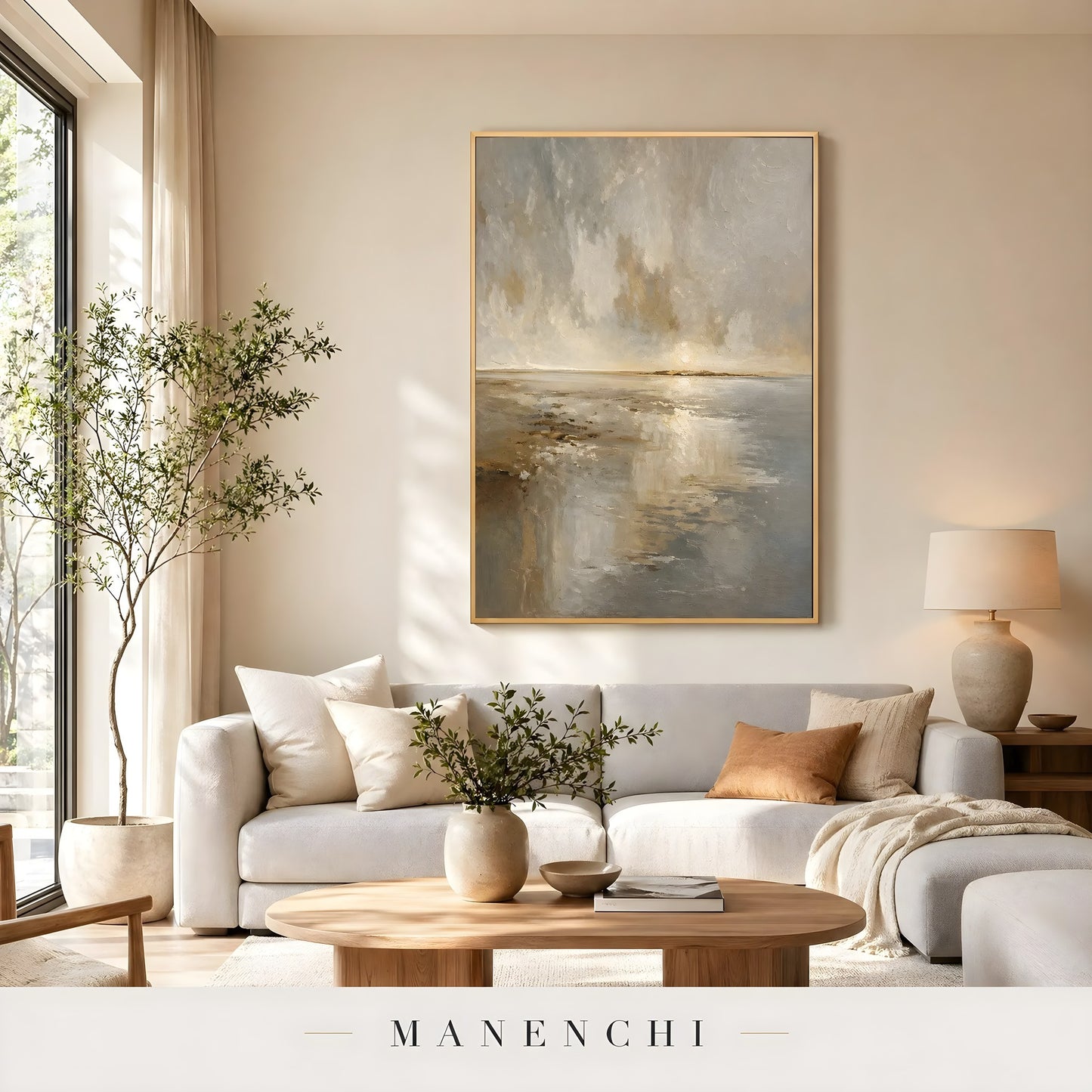 Coastal Twilight Stillness abstract painting displayed in living room sofa display