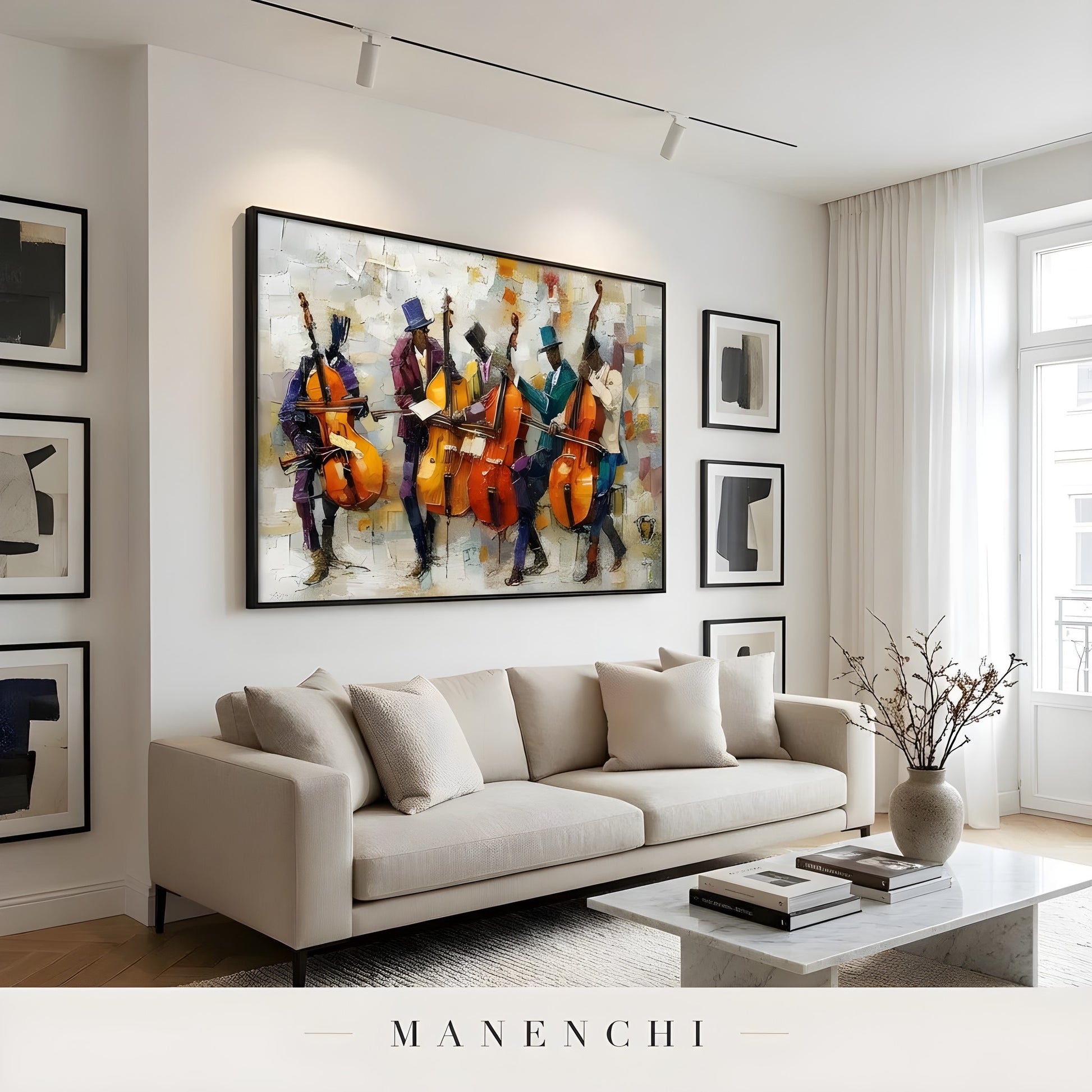 Crescendo Jazz Ensemble portrait displayed in bright modern art gallery room