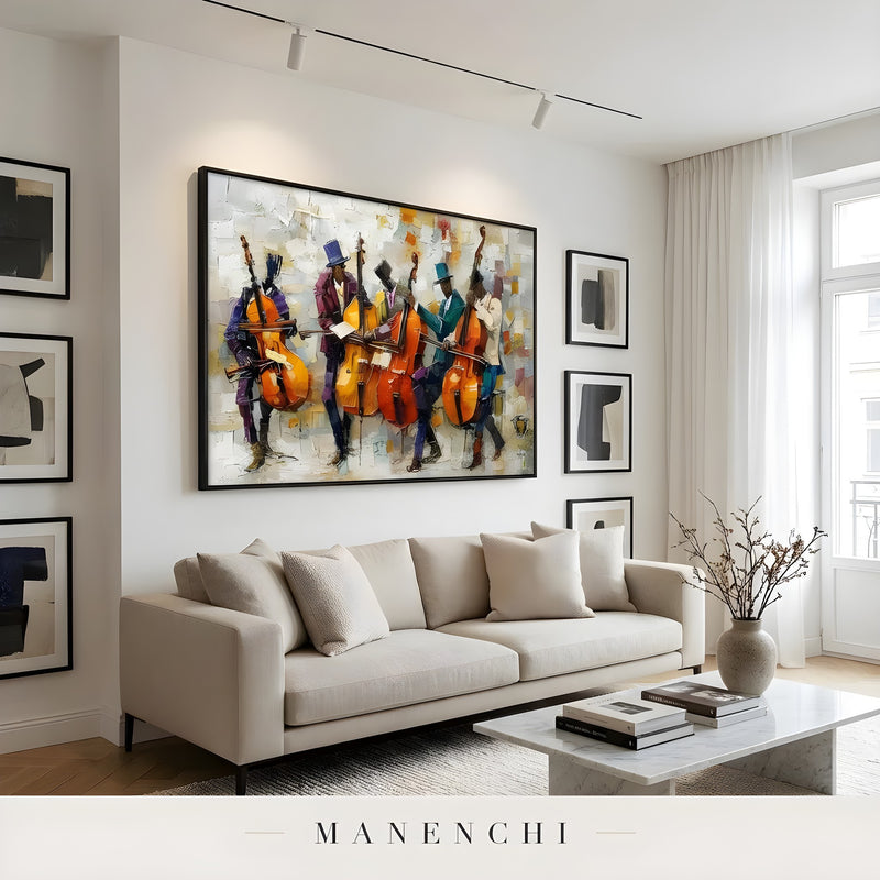 Crescendo Jazz Ensemble portrait displayed in bright modern art gallery room