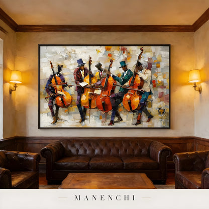 Crescendo Jazz Ensemble portrait displayed in classic brown living room
