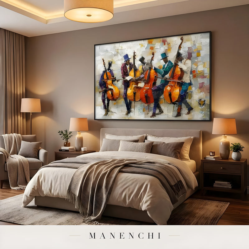 Crescendo Jazz Ensemble portrait displayed in cozy luxury master bedroom
