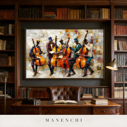 Crescendo Jazz Ensemble portrait displayed in dark wood home library