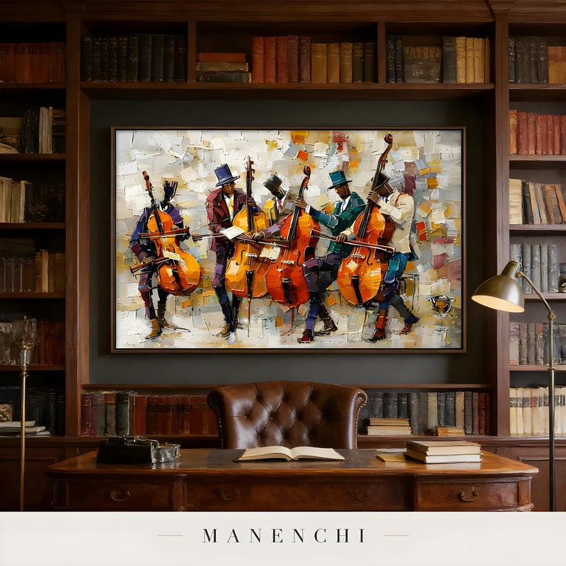 Crescendo Jazz Ensemble portrait displayed in dark wood home library