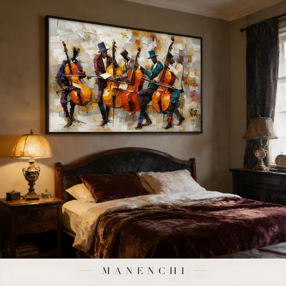 Crescendo Jazz Ensemble portrait displayed in elegant bedroom warm lighting