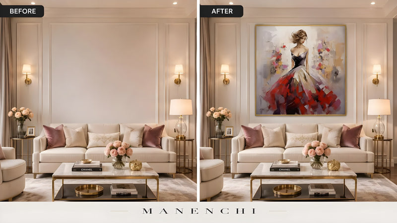Crimson Gala Elegance original hand-painted portrait, before and after in a styled room