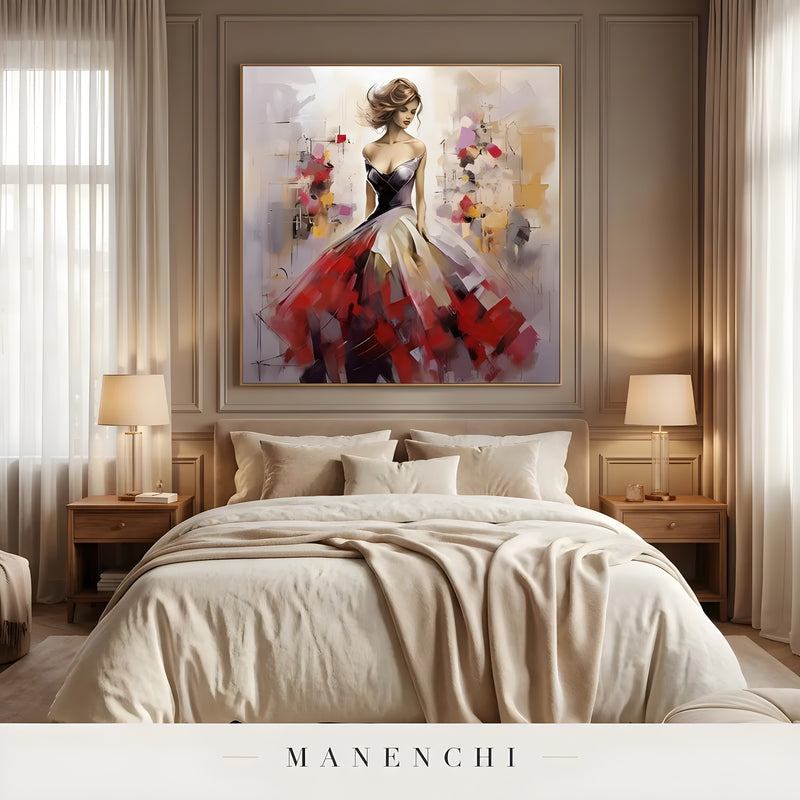 Crimson Gala Elegance portrait displayed in elegant bedroom decor
