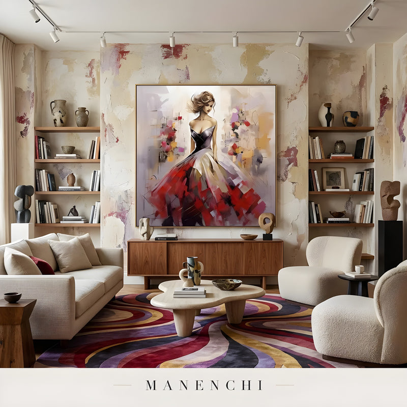 Crimson Gala Elegance portrait displayed in living room display