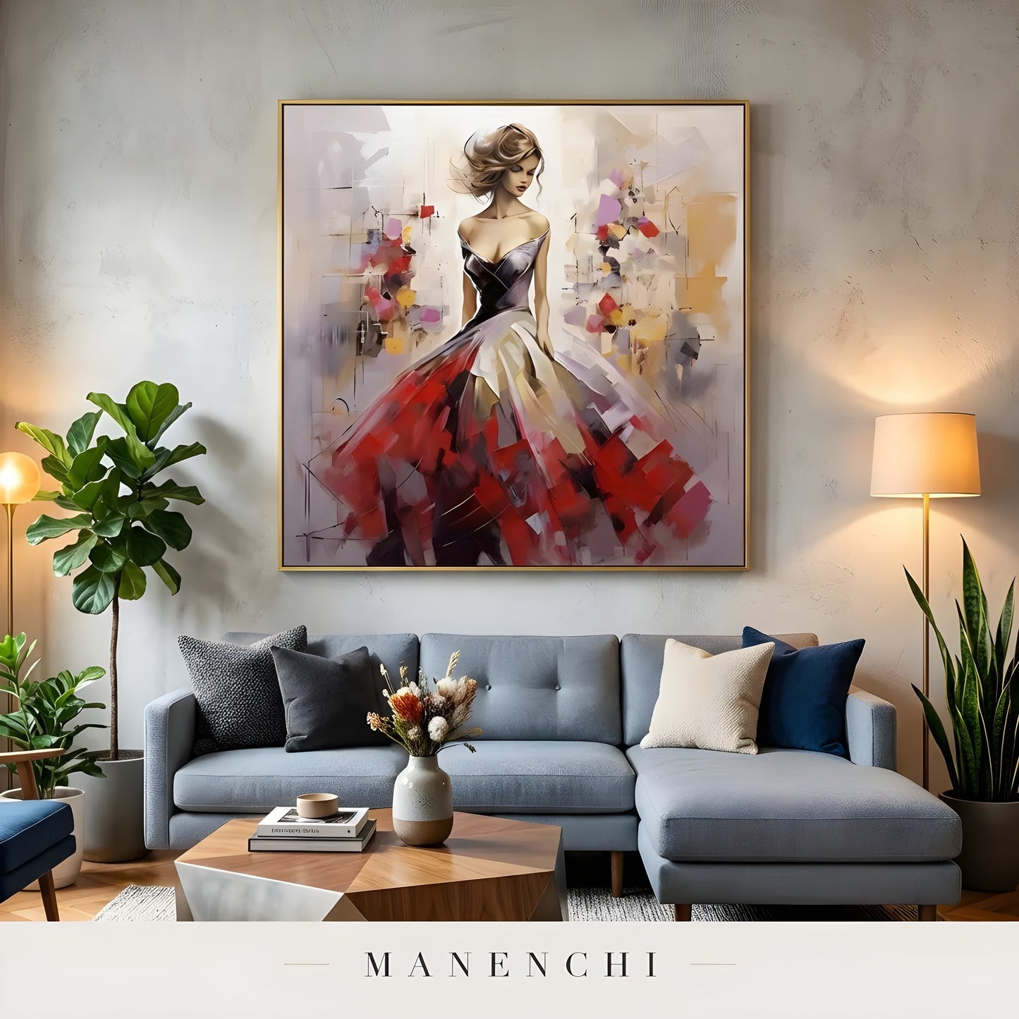 Crimson Gala Elegance portrait displayed in living room sofa decor