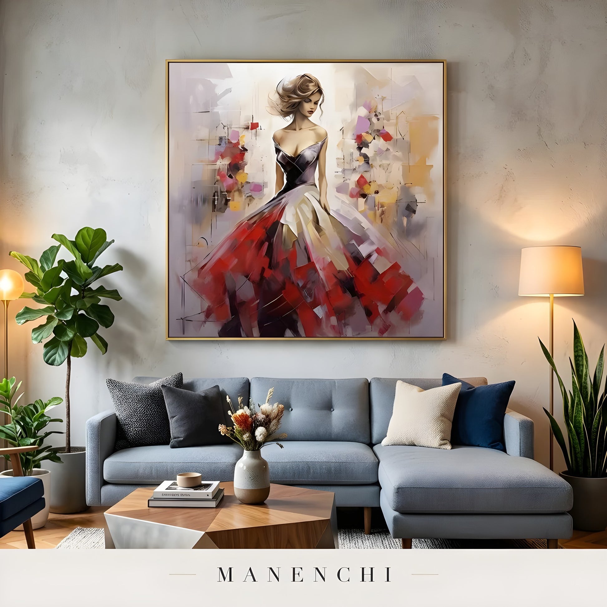 Crimson Gala Elegance portrait displayed in living room sofa decor