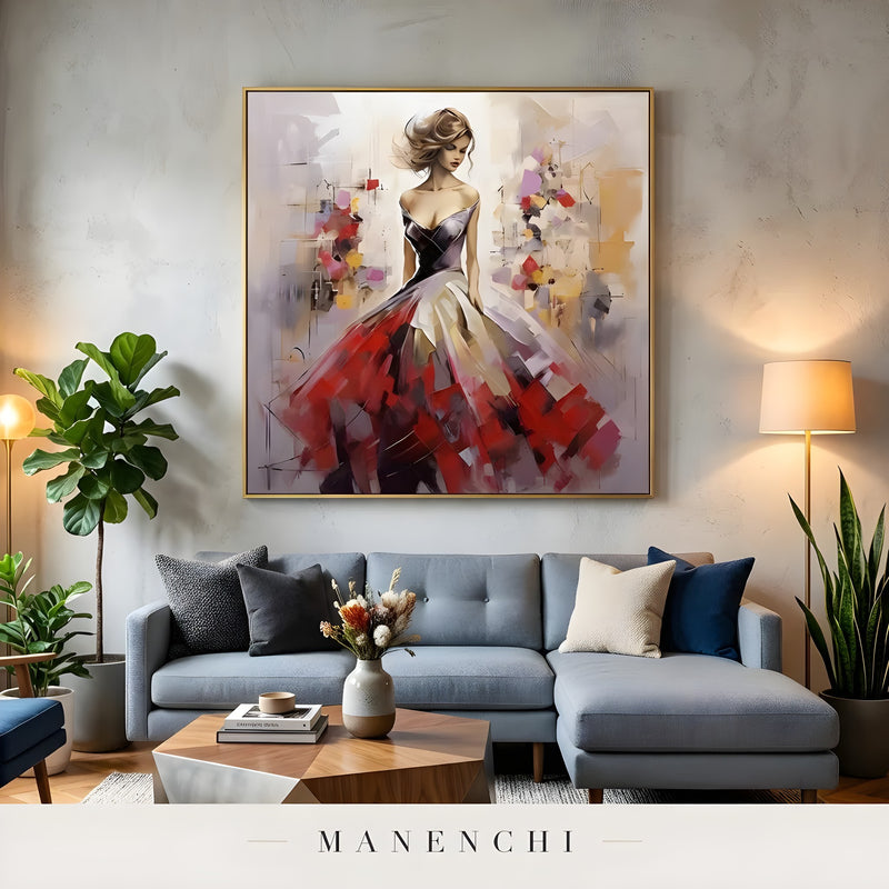 Crimson Gala Elegance portrait displayed in living room sofa decor