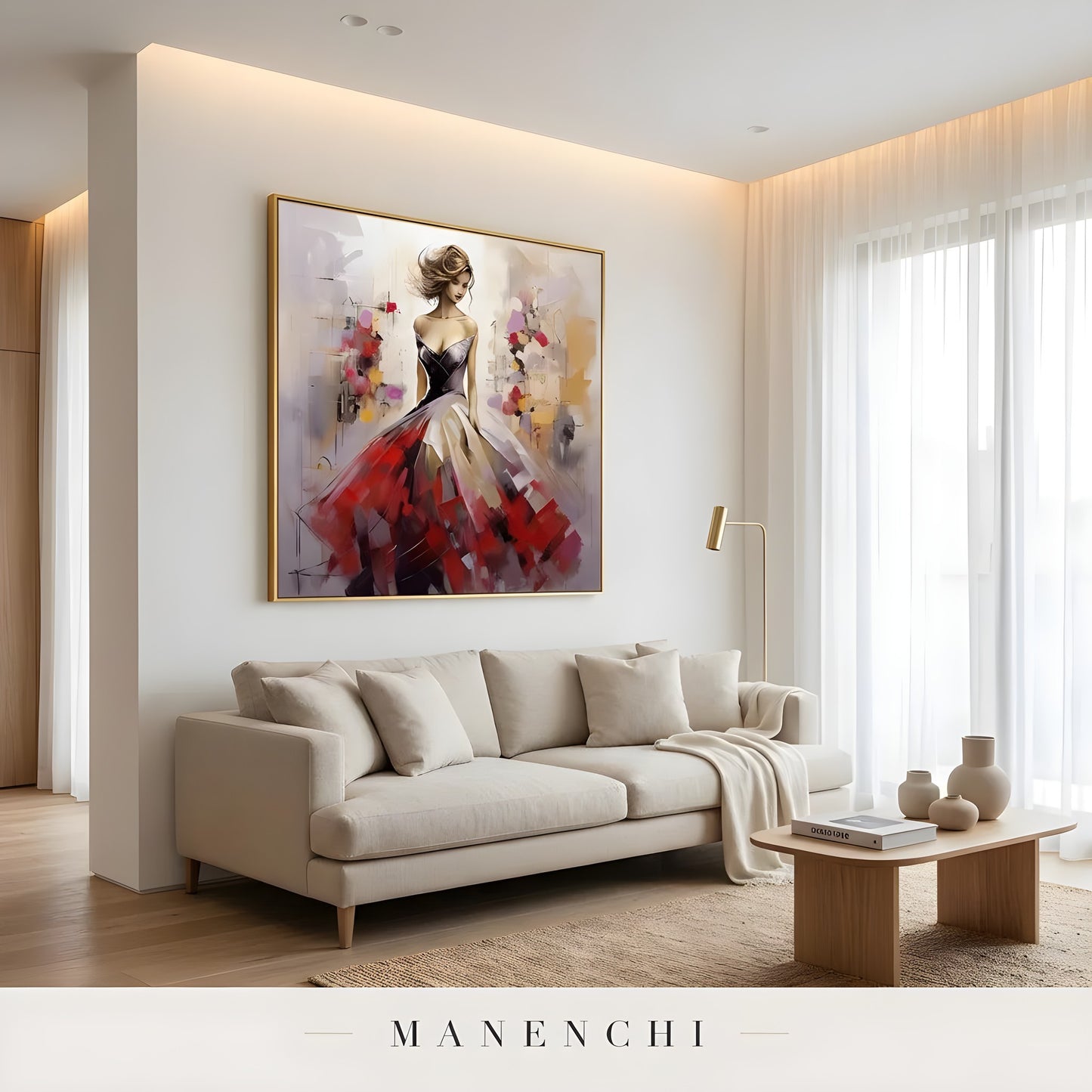 Crimson Gala Elegance portrait displayed in minimalist living room