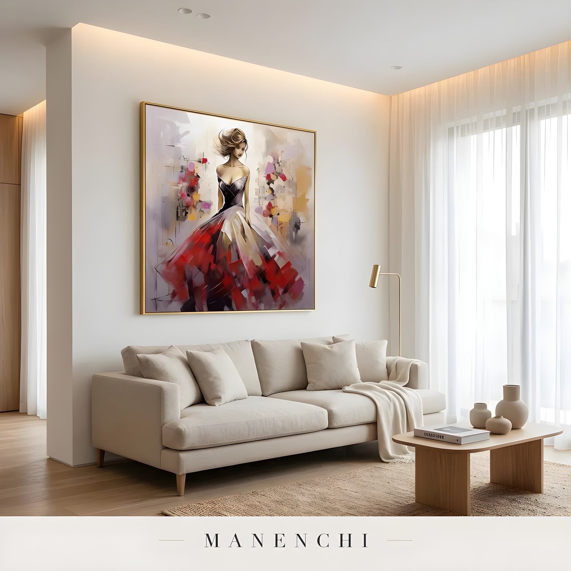 Crimson Gala Elegance portrait displayed in minimalist living room
