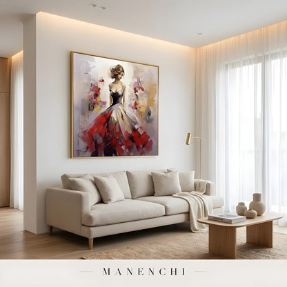 Crimson Gala Elegance portrait displayed in minimalist living room