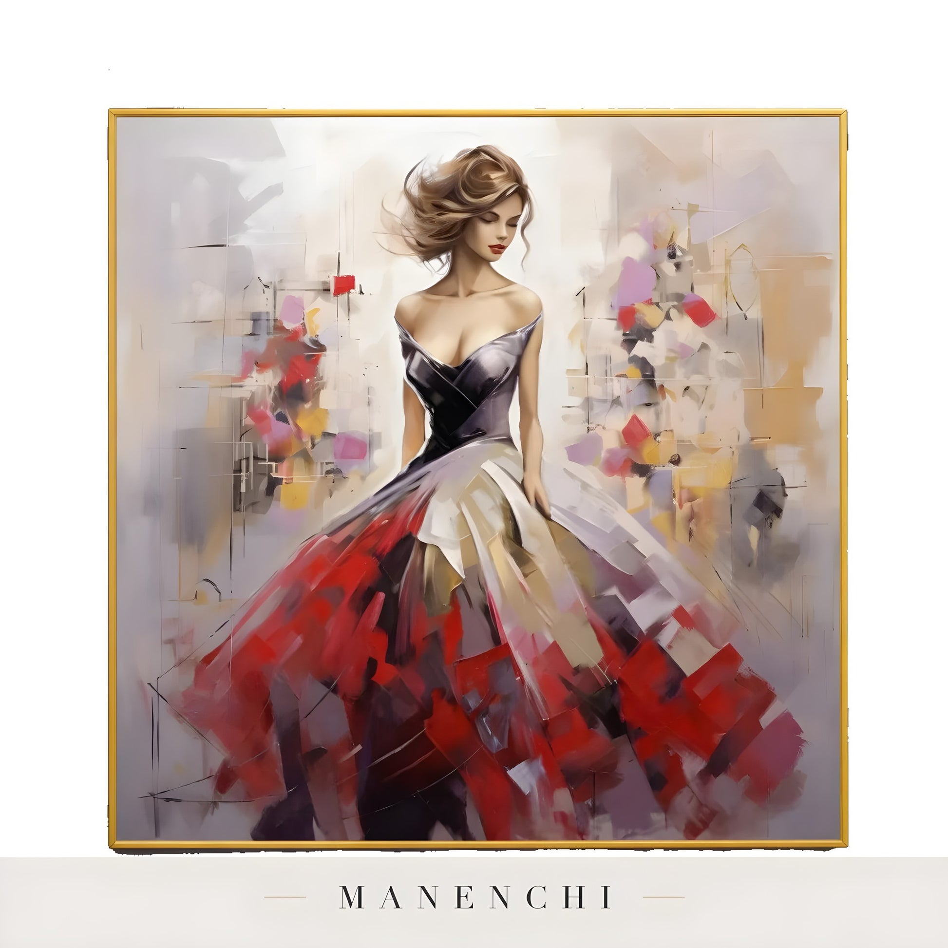 Crimson Gala Elegance portrait displayed in standalone framed art