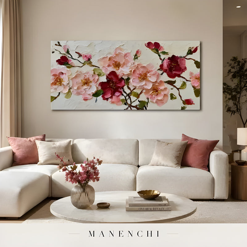 Crimson Petal Harmony abstract painting displayed in bright living room setting