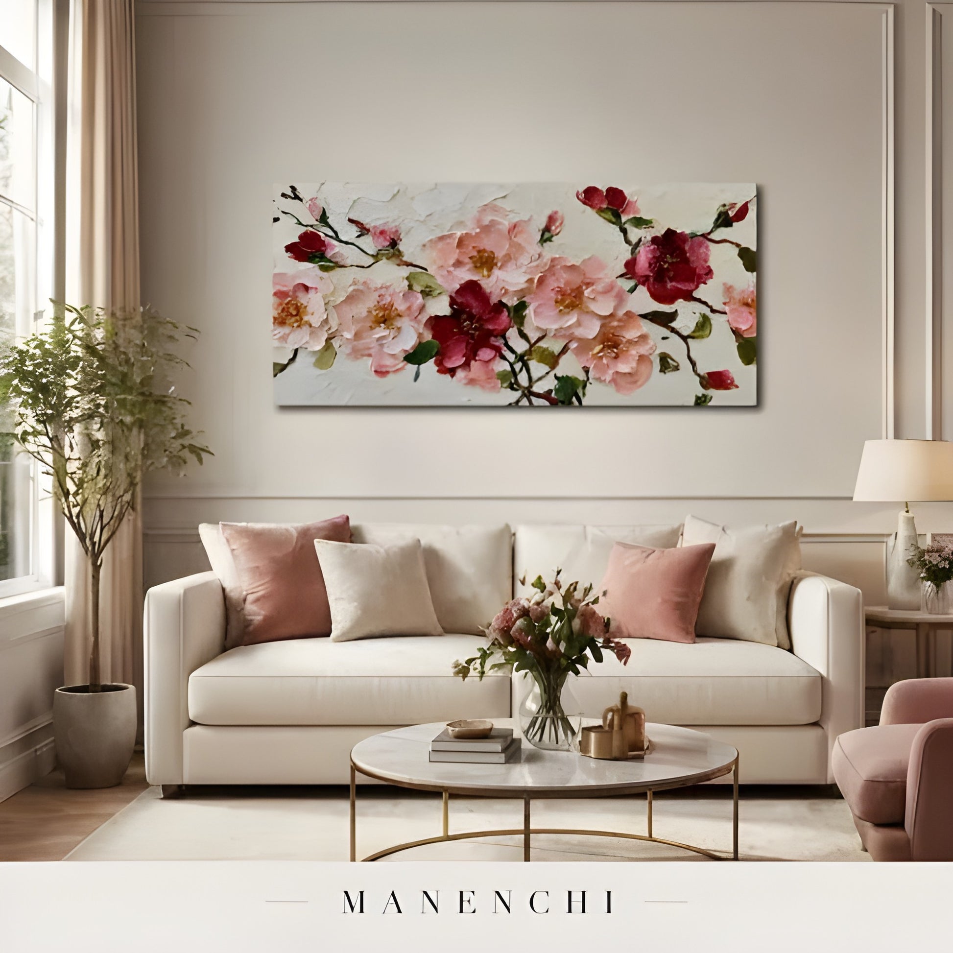 Crimson Petal Harmony abstract painting displayed in living room sofa display