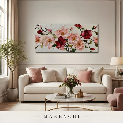 Crimson Petal Harmony abstract painting displayed in living room sofa display