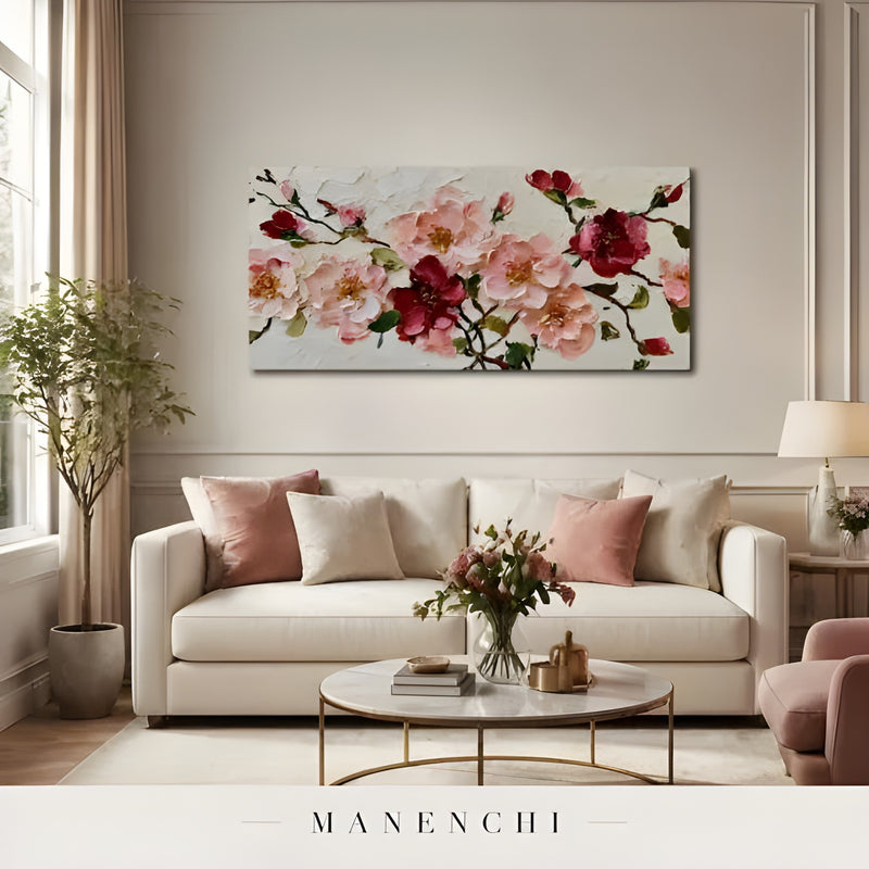 Crimson Petal Harmony abstract painting displayed in living room sofa display