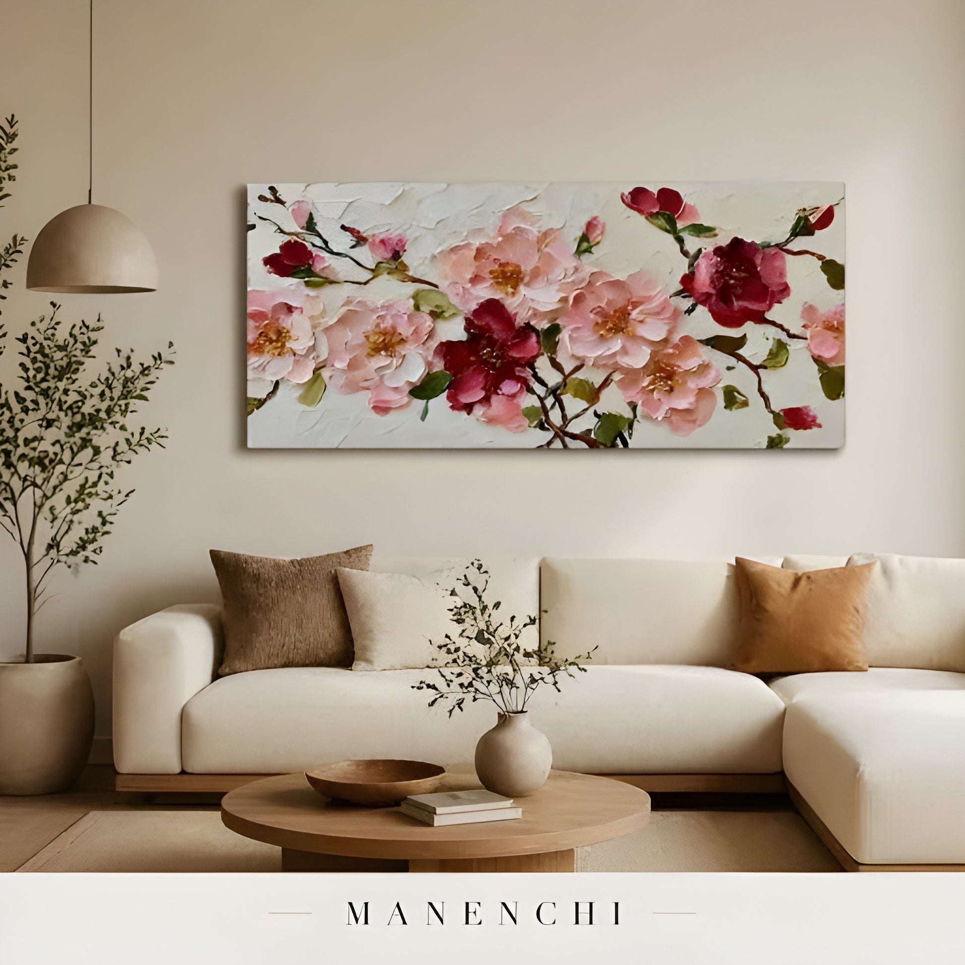 Crimson Petal Harmony abstract painting displayed in minimalist living room interior
