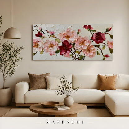 Crimson Petal Harmony abstract painting displayed in minimalist living room interior