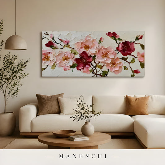 Crimson Petal Harmony abstract painting displayed in minimalist living room interior