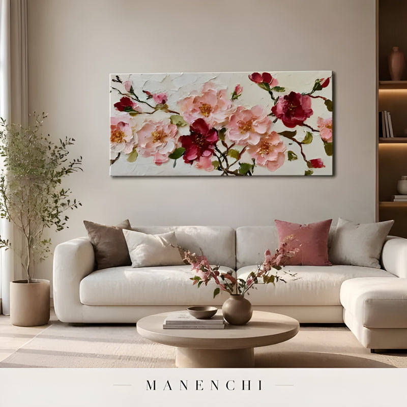 Crimson Petal Harmony abstract painting displayed in modern living room decor