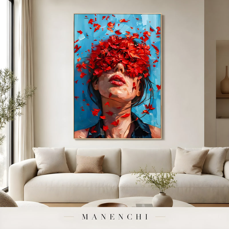 Crimson Petal Reverie portrait displayed in bright modern living room