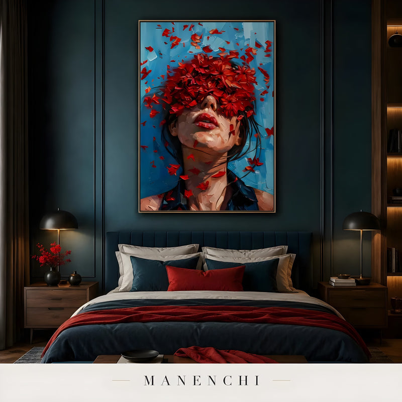 Crimson Petal Reverie portrait displayed in dark moody bedroom