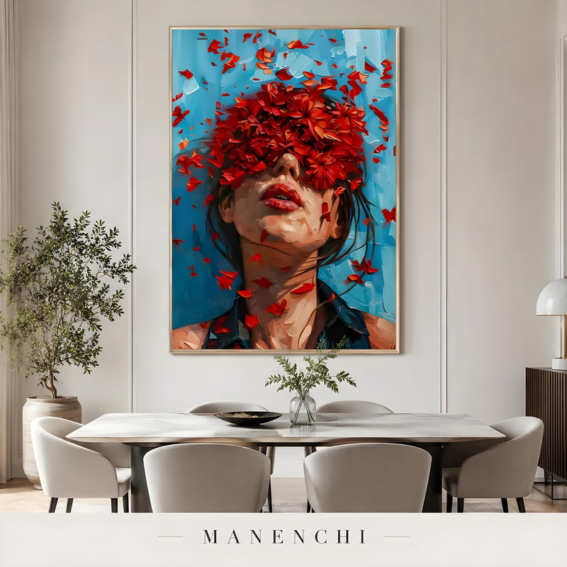 Crimson Petal Reverie portrait displayed in dining room
