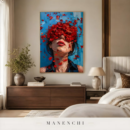 Crimson Petal Reverie portrait displayed in minimalist bedroom decor