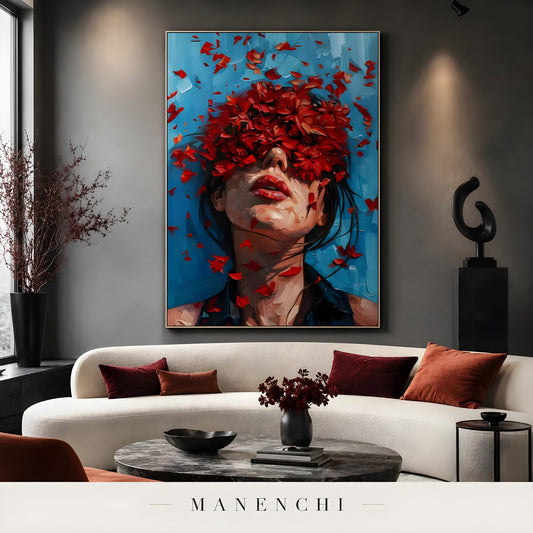 Crimson Petal Reverie portrait displayed in modern living room interior