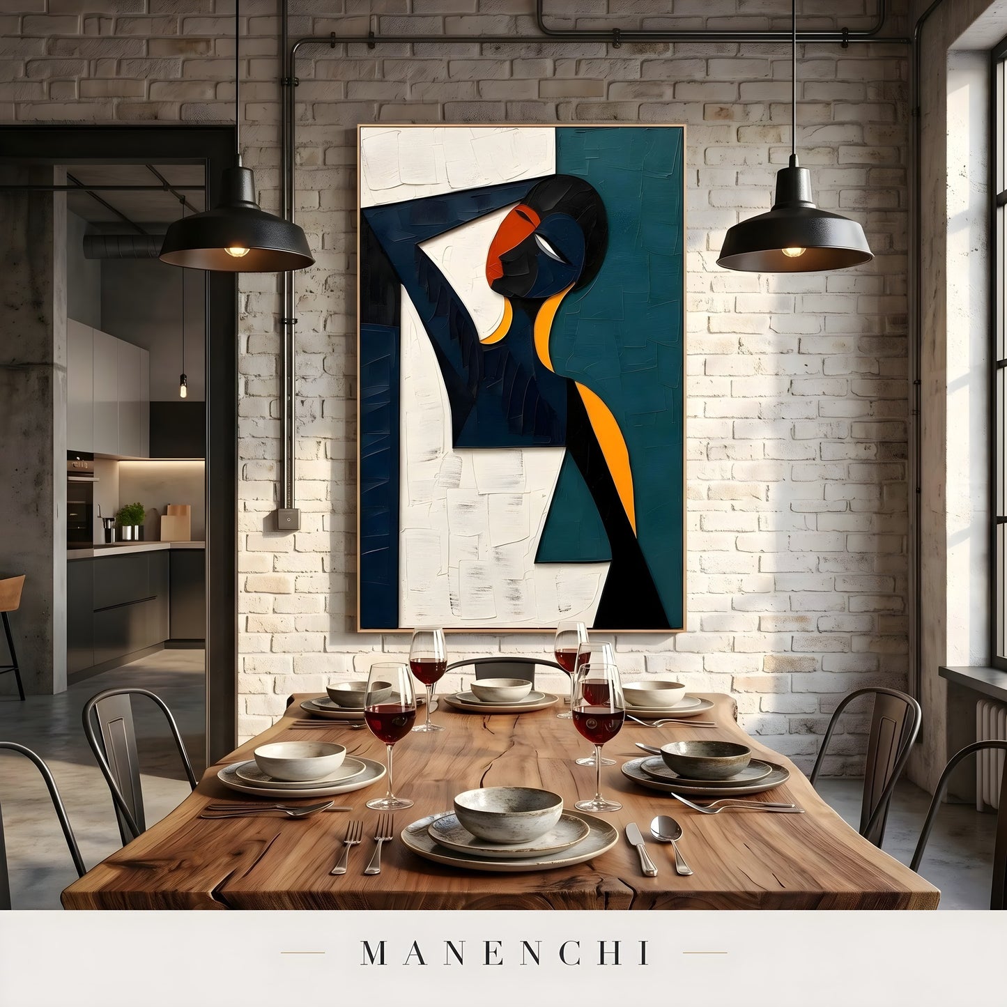 Cubist Muse Silhouette abstract painting displayed in dining room interior setting
