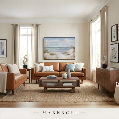 Distant Shoreline Calm abstract painting displayed in living room leather sofa