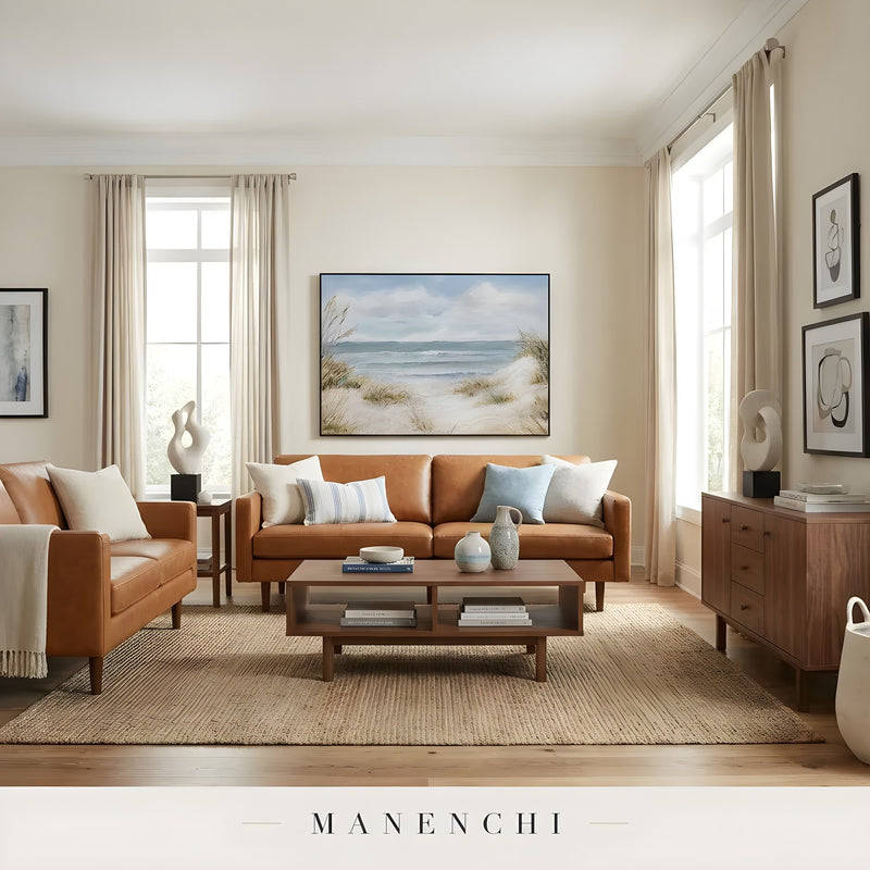 Distant Shoreline Calm abstract painting displayed in living room leather sofa
