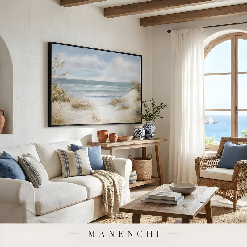 Distant Shoreline Calm abstract painting displayed in living room seaside decor