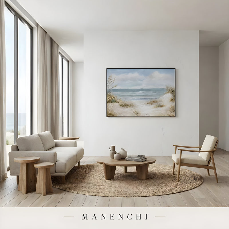 Distant Shoreline Calm abstract painting displayed in modern minimalist living room