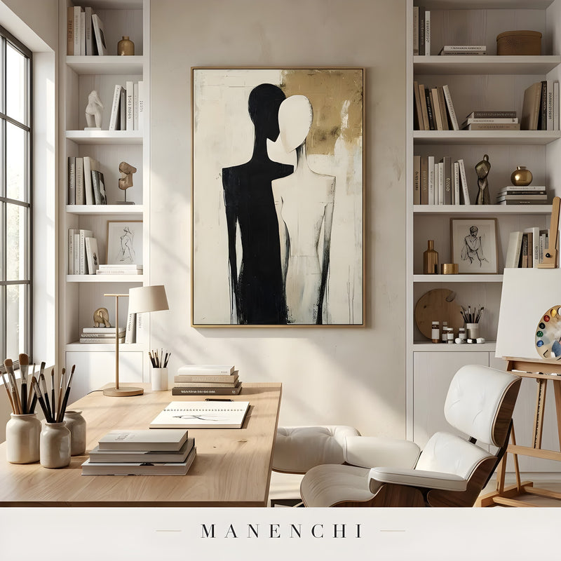 Dualistic Silhouette Union abstract painting displayed in art studio workspace desk