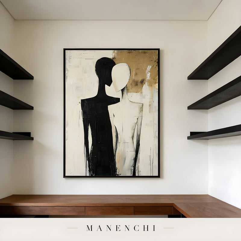 Dualistic Silhouette Union abstract painting displayed in home office shelving nook