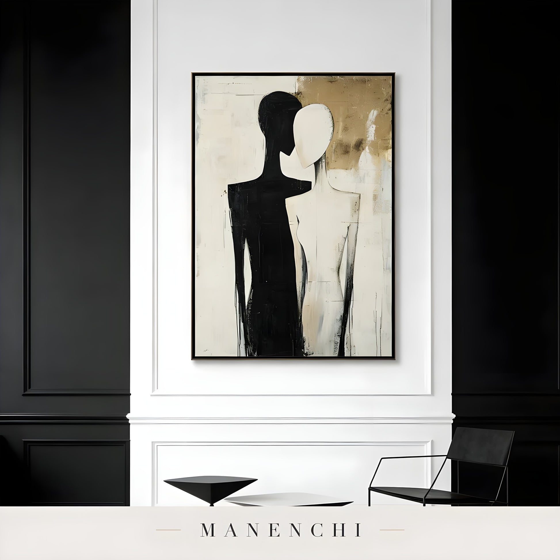 Dualistic Silhouette Union abstract painting displayed in minimalist black white wall